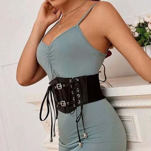 Women's Black Faux Leather Corset Belt - Lace Double-Buckle Lace-Up Gothic Waist Cincher Accessory in Saudi Arabia