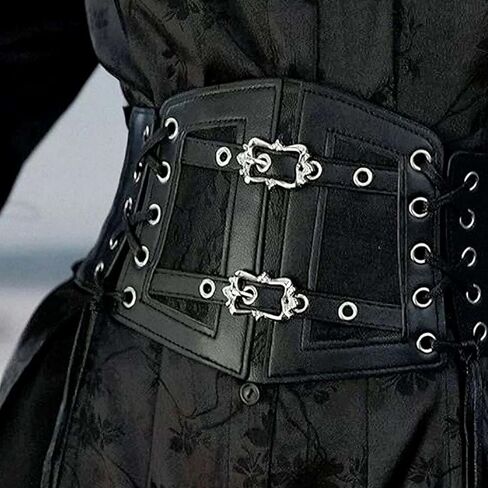Women's Black Faux Leather Corset Belt - Lace Double-Buckle Lace-Up Gothic Waist Cincher Accessory in Saudi Arabia