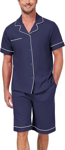 COLORFULLEAF 100% Cotton Men's Pajamas Set Short Sleeve Sleepwear for Men Soft Button Down Loungewear with Pockets in Kuwait