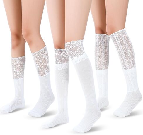 Mepase 3 Pairs Women's Lace Knee High Socks Lace Boot Socks Patchwork Calf White Cute Y2k Trim Long Stocking for Lolita in Saudi Arabia
