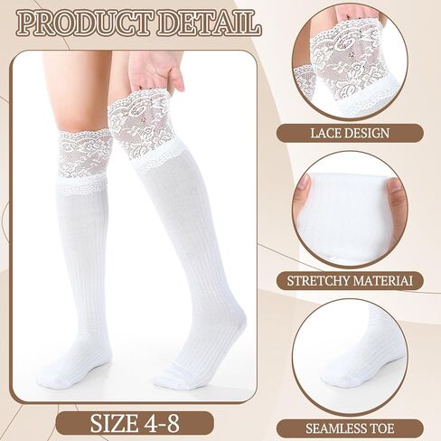 Mepase 3 Pairs Women's Lace Knee High Socks Lace Boot Socks Patchwork Calf White Cute Y2k Trim Long Stocking for Lolita in Saudi Arabia