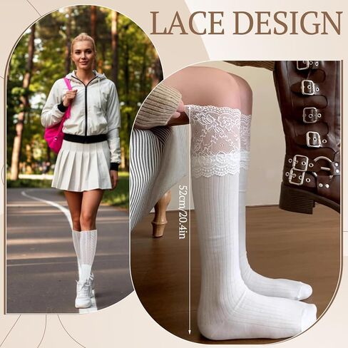 Mepase 3 Pairs Women's Lace Knee High Socks Lace Boot Socks Patchwork Calf White Cute Y2k Trim Long Stocking for Lolita in Saudi Arabia