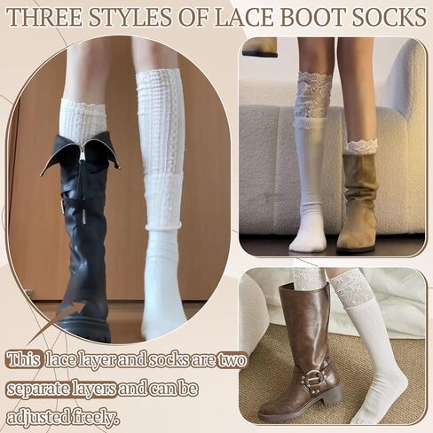 Mepase 3 Pairs Women's Lace Knee High Socks Lace Boot Socks Patchwork Calf White Cute Y2k Trim Long Stocking for Lolita in Saudi Arabia