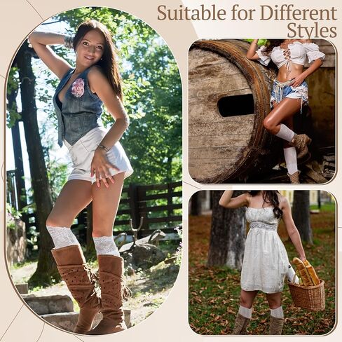Mepase 3 Pairs Women's Lace Knee High Socks Lace Boot Socks Patchwork Calf White Cute Y2k Trim Long Stocking for Lolita in Saudi Arabia