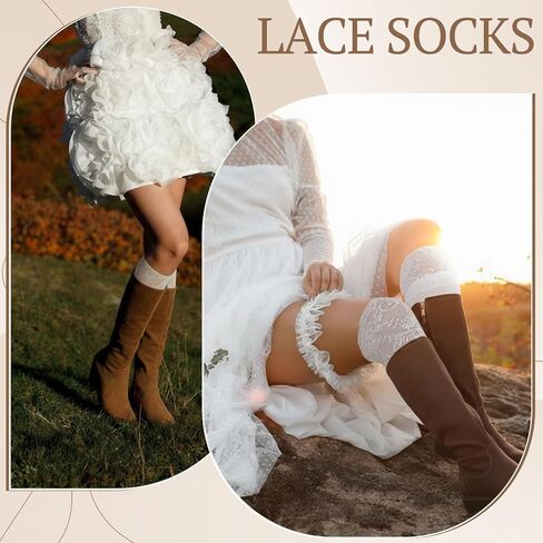 Mepase 3 Pairs Women's Lace Knee High Socks Lace Boot Socks Patchwork Calf White Cute Y2k Trim Long Stocking for Lolita in Saudi Arabia