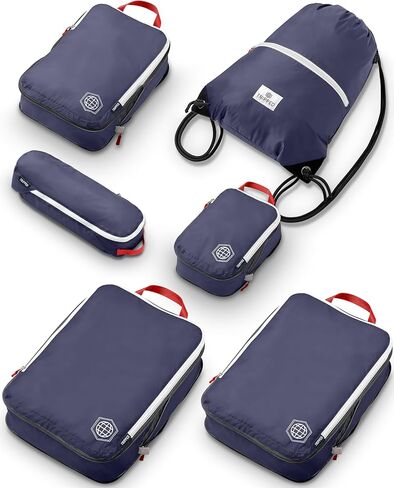 مكعبات تعبئة الضغط الكبيرة المكونة من 6 قطعة للسفر مع حقيبة غسيل خفيفة الوزن لحفظة الحمل على معدات السفر المتعثرة (البحرية) in Kuwait