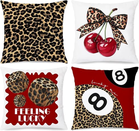 Trendy Leopard Pillow Covers 18x18, Cheetah Leopard Print Room Decor, Red Preppy Cheetah Print Dice Lucky 8 Ball Decorative Throw Pillow Covers for Girls Bedroom Dorm Apartment, Set of 2 in Saudi Arabia