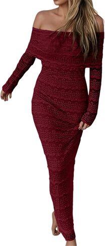 Fall Women's Lace Off The Shoulder Maxi Dress Semi Formal Long Sleeve Cocktail Party Bodycon Dress ﻿for Wedding Guest in Saudi Arabia