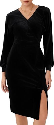 CIDER Velvet Midi Dress Long Sleeve Wrap V Neck Slit Party Dress in Saudi Arabia