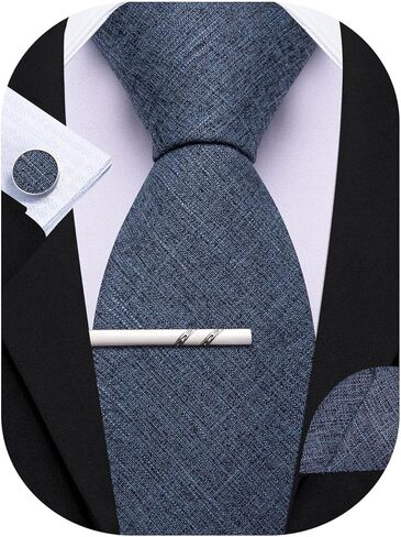YOHOWA Extra Long Men's Tie Set with Clip Wool Linen Solid Checkered Business Wedding Neckties Handkerchief Cufflinks in Kuwait