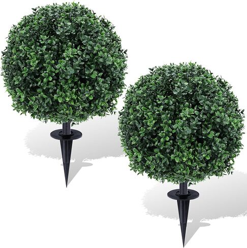 Artificial Eucalyptus Topiary Ball Trees with Flowers for Outdoor with Ground Spike 24", UV Resistant Faux Shrubs, Morning Glory Fake Plants for Indoor & Garden, Yard, Porch, Patio Decor in Kuwait