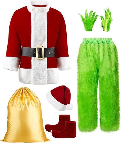Green Santa Costumes Deluxe Furry Santa Suit for Men 8Pcs Christmas Halloween Costumes Adult Green Santa Outfit in Saudi Arabia