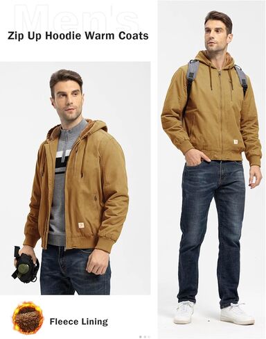 TBMPOY Men's Cotton Work Jackets Flannel Lined Duck Hooded Active Jacket Workwear Winter Coat in Saudi Arabia