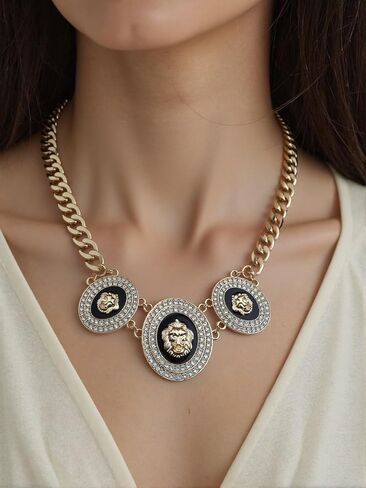 Women’s Statement Oval Lion Choker Pendant Necklace Gold Hip Hop Crystal Chunky Chain Animal Costume Party Jewelry in Saudi Arabia