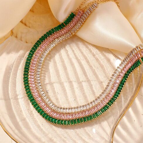 Tennis Choker Necklace Dainty Sparking Rhinestone Necklaces Colorful Crystal Cubic Zirconia Bridal Wedding Jewelry in Saudi Arabia