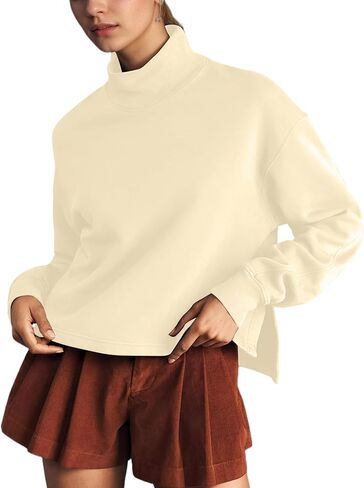 Ythomm Womens Mock Turtleneck Sweatshirt Long Sleeve Side Slit Pullover Tops Casual High Low Hem Drop Shoulder Sweatshirts in Saudi Arabia