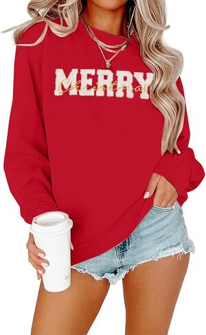 المرأة عيد الميلاد البلوز Crewneck كم طويل عيد ميلاد سعيد طباعة رسالة عيد الميلاد بلايز مطرزة البلوز عطلة بلوزات in Kuwait