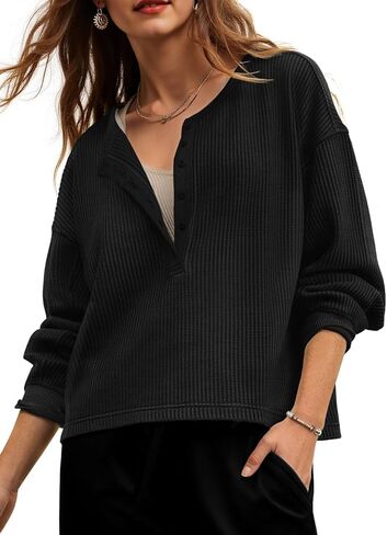 Fisoew Womens Cropped Sweatshirt Casual Waffle Knit Button V Neck Long Sleeve Loose Fit Fall Crop Tops in Saudi Arabia