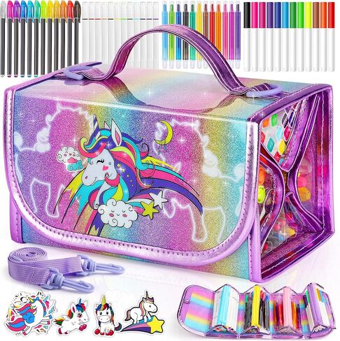 علامات قابلة للغسل في Beefunni Unicorn 48 PCS مع حالة قلم رصاص Glitte ، اللوازم الفنية للأطفال الذين تتراوح أعمارهم بين 4-6-8 ، مجموعة تلوينات الحرف الفنية مع ملصقات-هدايا عيد ميلاد للفتيات 4 5 6 7 8 9 سنوات in Kuwait