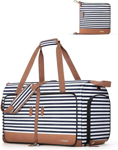 Lekesky Foldable Travel Duffle Bag for Women, 80L Large Duffel Bag with Separate Shoes Compartments & Straps, Carry On Weekend Bag for Women, Hospital, Overnight (Blue Stripes) in Kuwait