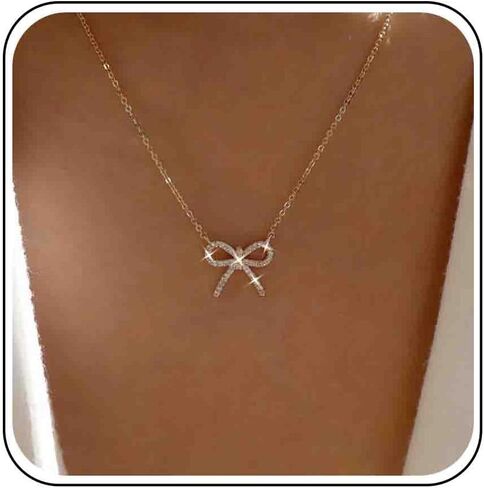 Boho Wedding Cz Tiny Bow Necklace Gold Silver Cute Rhinestone Small Dainty Ribbon Pendant Necklace Sparkly Crystal Bowknot Choker Simple Cubic Zirconia Thin Chain Delicate Minimalist Trendy for Women in Saudi Arabia