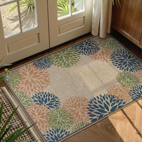 LIVEBOX Easy Jute 28''x43'' سجادة الشرفة الأمامية، سجادة مطبخ غير قابلة للانزلاق وقابلة للغسل في الهواء الطلق، سجاد منطقة بوهيمية زهرية حديثة، سجادة باب ترحيب للترحيب بمدخل المدخل (زيتوني 28''x43'') in Kuwait