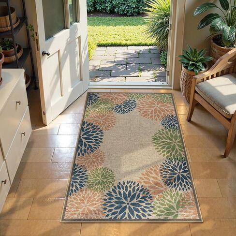 LIVEBOX Easy Jute 28''x43'' سجادة الشرفة الأمامية، سجادة مطبخ غير قابلة للانزلاق وقابلة للغسل في الهواء الطلق، سجاد منطقة بوهيمية زهرية حديثة، سجادة باب ترحيب للترحيب بمدخل المدخل (زيتوني 28''x43'') in Kuwait