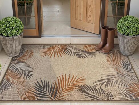 LIVEBOX Easy Jute 28''x43'' سجادة الشرفة الأمامية، سجادة مطبخ غير قابلة للانزلاق وقابلة للغسل في الهواء الطلق، سجاد منطقة بوهيمية زهرية حديثة، سجادة باب ترحيب للترحيب بمدخل المدخل (زيتوني 28''x43'') in Kuwait