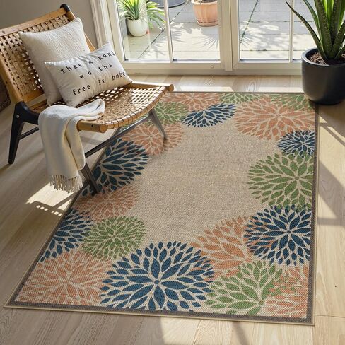 LIVEBOX Easy Jute 28''x43'' سجادة الشرفة الأمامية، سجادة مطبخ غير قابلة للانزلاق وقابلة للغسل في الهواء الطلق، سجاد منطقة بوهيمية زهرية حديثة، سجادة باب ترحيب للترحيب بمدخل المدخل (زيتوني 28''x43'') in Kuwait