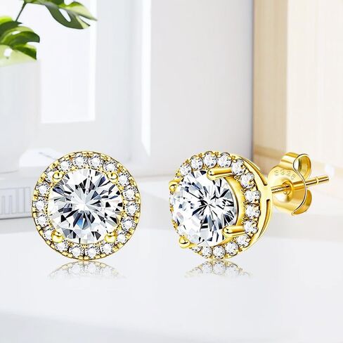 18K Gold Plated Stud Earrings with 925 Sterling Silver and Cubic Zirconia, Round and Square Earrings. in Saudi Arabia