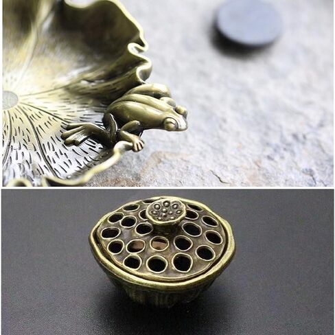 Vintage Bronze Color Mini Lotus & Frog Incense Burner, Cones and Small Coils Holder, Crystal Healing Chakras Energy Meditation Incense Set Aesthetic Home Decor Aromatherapy Ornament in Saudi Arabia