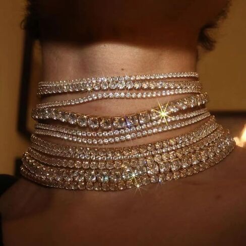 Rhinestone Bling Multi-layered Faux Diamond Choker Necklace for Women Unisex,Sparkly Iced Out Tennis Shiny Collar Neclace Prom Party Formal Dressy Necklace Statement Crystal Jewelry in Saudi Arabia