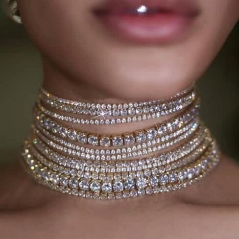 Rhinestone Bling Multi-layered Faux Diamond Choker Necklace for Women Unisex,Sparkly Iced Out Tennis Shiny Collar Neclace Prom Party Formal Dressy Necklace Statement Crystal Jewelry in Saudi Arabia