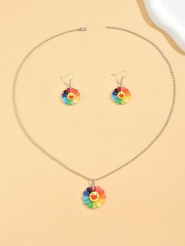 Rainbow Smiley Flower Pendant Necklace and Dangle Earrings Set Colorful Acrylic Y2K Jewelry Fun Hippie Aesthetic Gift in Saudi Arabia