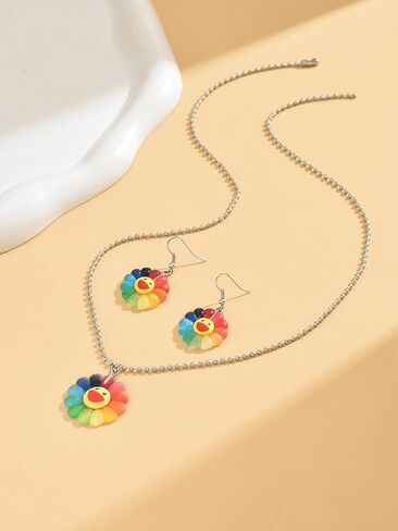 Rainbow Smiley Flower Pendant Necklace and Dangle Earrings Set Colorful Acrylic Y2K Jewelry Fun Hippie Aesthetic Gift in Saudi Arabia