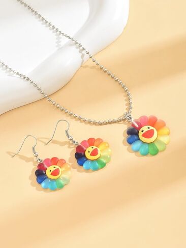 Rainbow Smiley Flower Pendant Necklace and Dangle Earrings Set Colorful Acrylic Y2K Jewelry Fun Hippie Aesthetic Gift in Saudi Arabia