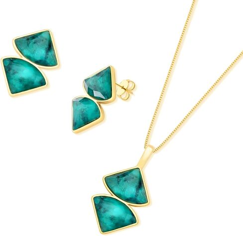 14k Gold-Plated Emerald Lozenge-Shaped Necklace and Earring Set – Natural Stone Jewelry Gift – Elegant Set – Emerald Collection in Saudi Arabia