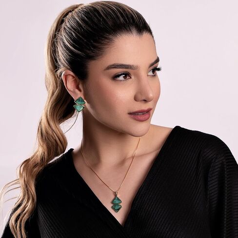 14k Gold-Plated Emerald Lozenge-Shaped Necklace and Earring Set – Natural Stone Jewelry Gift – Elegant Set – Emerald Collection in Saudi Arabia