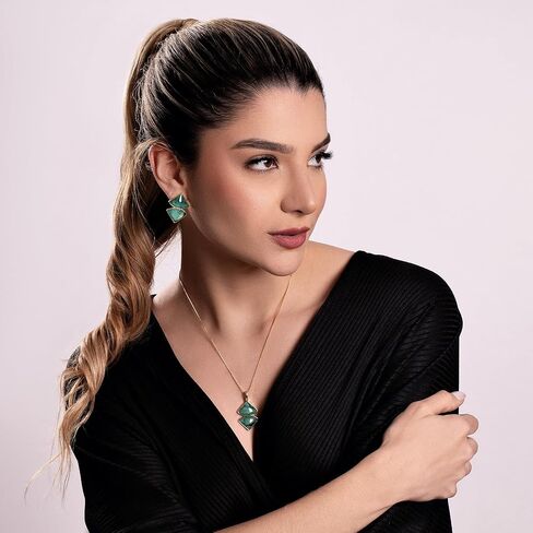 14k Gold-Plated Emerald Lozenge-Shaped Necklace and Earring Set – Natural Stone Jewelry Gift – Elegant Set – Emerald Collection in Saudi Arabia