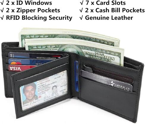 Leather Wallet for Men, Slim RFID Minimalist Credit Card Bifold Wallet with 2 ID Windows (Black) in Saudi Arabia