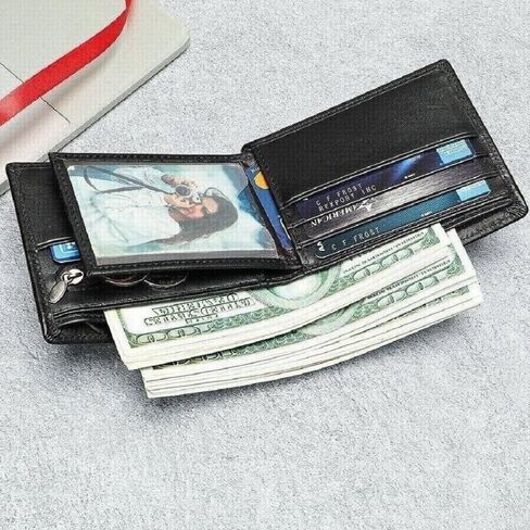 Leather Wallet for Men, Slim RFID Minimalist Credit Card Bifold Wallet with 2 ID Windows (Black) in Saudi Arabia