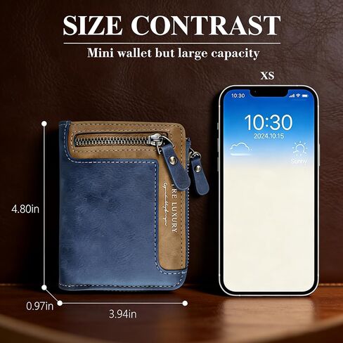 Men’s Wallet Leather Blue Short Wallet with Zipper, Slim Compact Wallet with Multiple Card Slots & Coin Pocket,Handmade Bifold RFID Blocking Wallet for Daily Use and Gift in Saudi Arabia