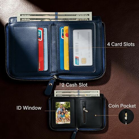 Men’s Wallet Leather Blue Short Wallet with Zipper, Slim Compact Wallet with Multiple Card Slots & Coin Pocket,Handmade Bifold RFID Blocking Wallet for Daily Use and Gift in Saudi Arabia