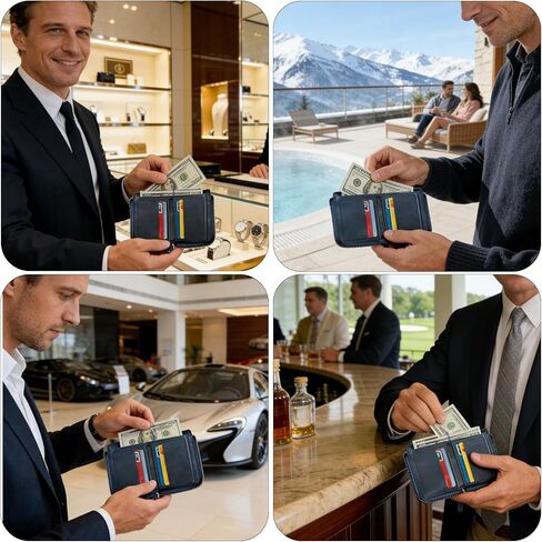 Men’s Wallet Leather Blue Short Wallet with Zipper, Slim Compact Wallet with Multiple Card Slots & Coin Pocket,Handmade Bifold RFID Blocking Wallet for Daily Use and Gift in Saudi Arabia