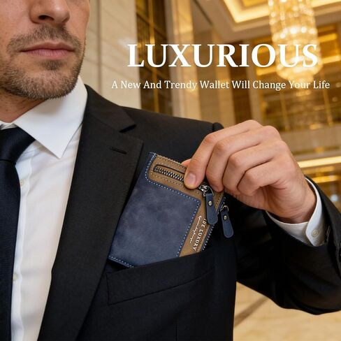 Men’s Wallet Leather Blue Short Wallet with Zipper, Slim Compact Wallet with Multiple Card Slots & Coin Pocket,Handmade Bifold RFID Blocking Wallet for Daily Use and Gift in Saudi Arabia