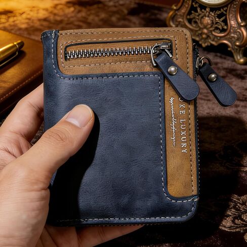 Men’s Wallet Leather Blue Short Wallet with Zipper, Slim Compact Wallet with Multiple Card Slots & Coin Pocket,Handmade Bifold RFID Blocking Wallet for Daily Use and Gift in Saudi Arabia