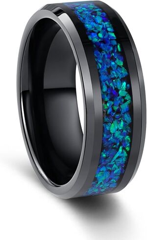 خاتم التنغستن الملكي الوردي المحيطي الأزرق الليلي المرصع بالنجوم، خاتم زفاف أرجواني أوبال أسود 8/4 مم للرجال والنساء، هدية عيد الميلاد والذكرى السنوية in Kuwait