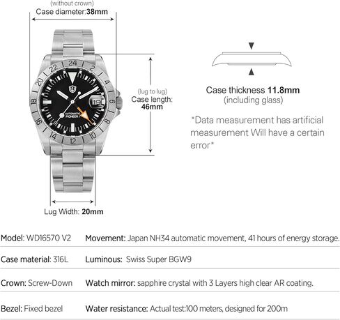 watchdives GMT Watches for Men WD16570 V2 Dual Time Zone Dive Watch NH34 Automatic Wristwatch 37mm Sapphire Crystal in Saudi Arabia