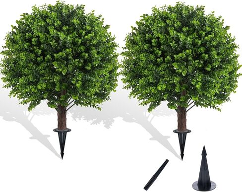 22" Artificial Boxwood Topiary Outdoor Plants with Spike, 2 Pack Faux Bushes UV Resistant Fake Shrubs for Front Porch Décor in Kuwait