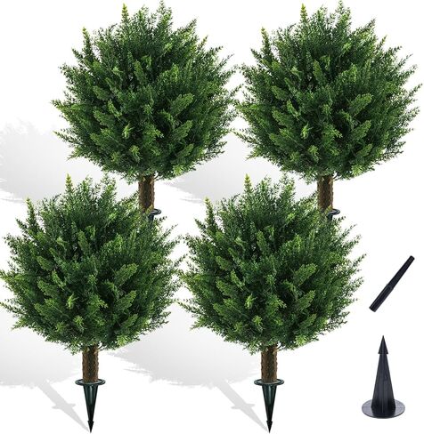 22" Artificial Boxwood Topiary Outdoor Plants with Spike, 2 Pack Faux Bushes UV Resistant Fake Shrubs for Front Porch Décor in Kuwait